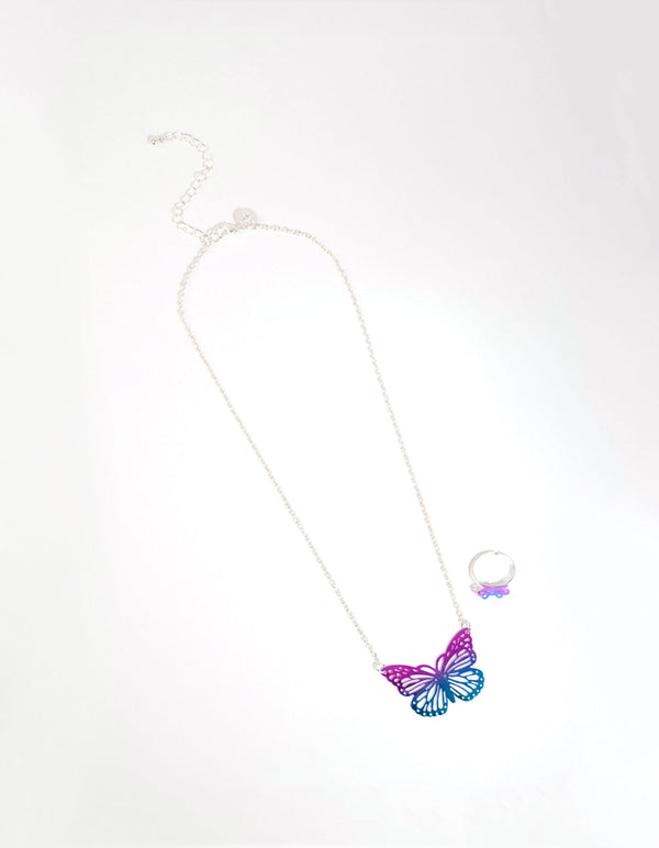 Zilveren vlinderstempelketting en ringset voor kinderen