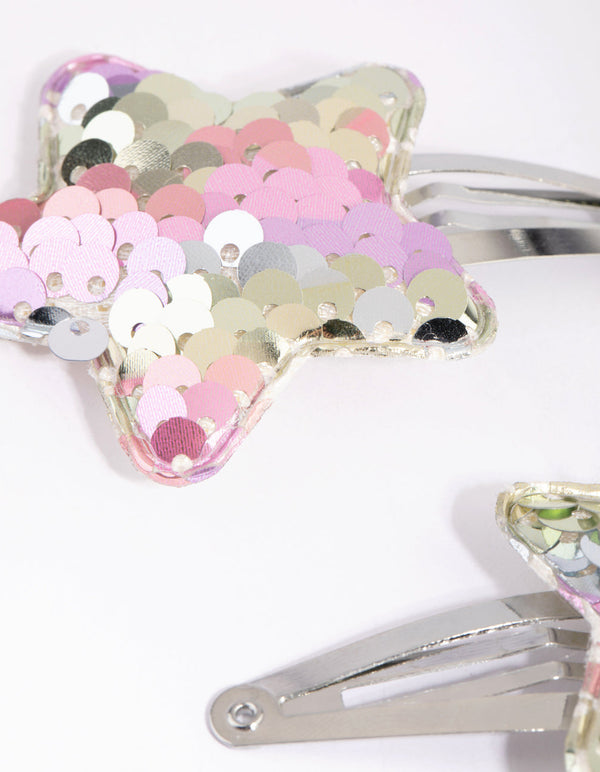 Silver Sequin Statement Star 2 Pack Snap Clips