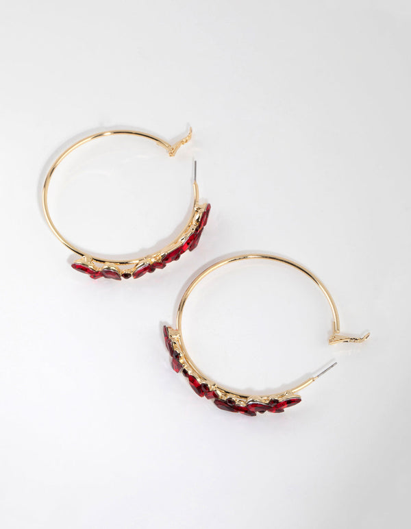 Gold Red Stone Shard Hoop Earrings