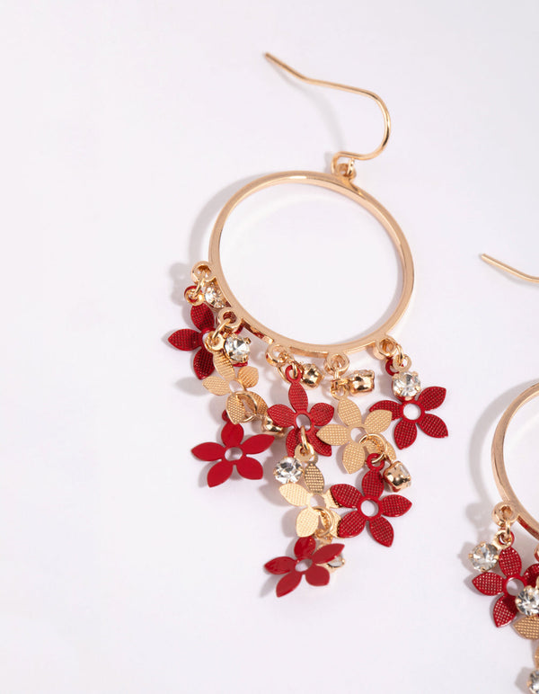 Gold and Red Cascade Flower Drop Earrings