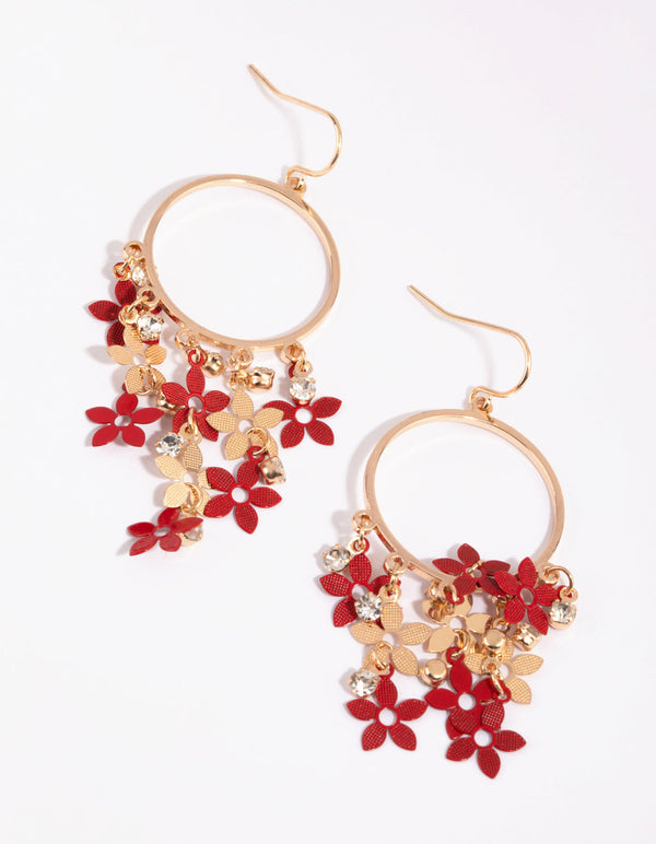 Gold and Red Cascade Flower Drop Earrings