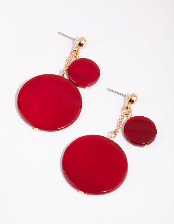 Red Double Disc Disc Flat Drop Earrings