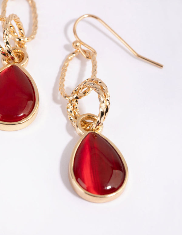Gold and Red Small Cat's Eye Drop Earrings