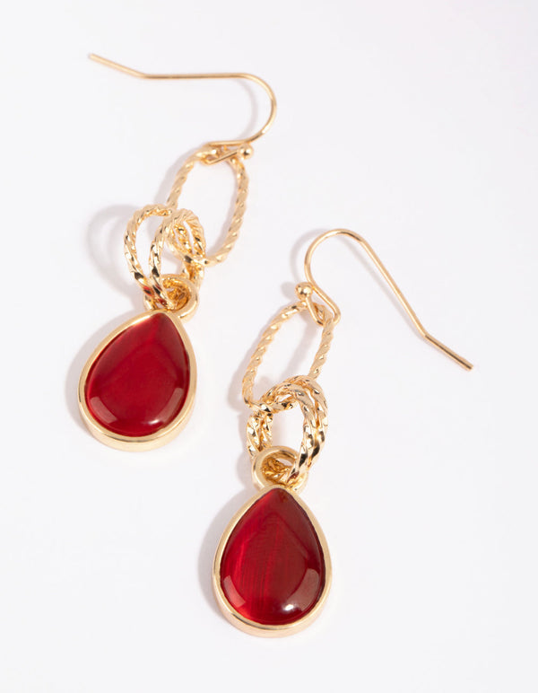 Gold and Red Small Cat's Eye Drop Earrings