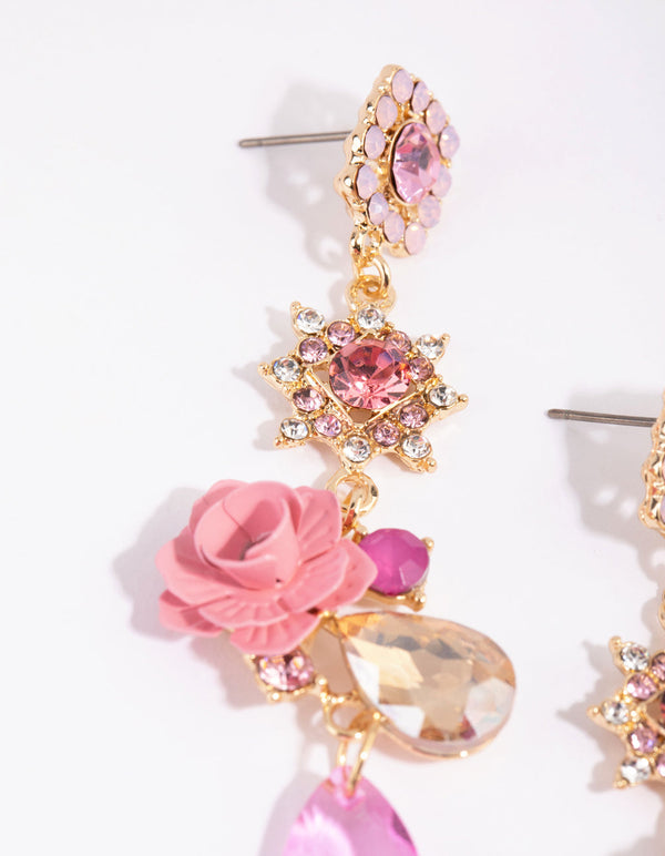 Gold and Pink Pretty Flower Drop Earrings