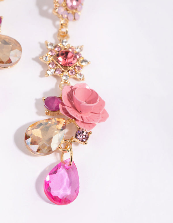 Gold and Pink Pretty Flower Drop Earrings