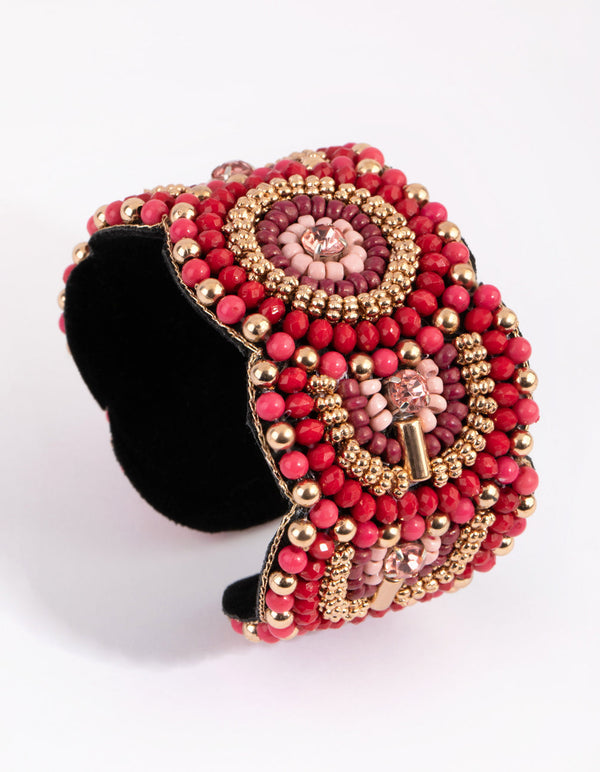 Gold and Red Beaded Scallop Cuff Bracelet