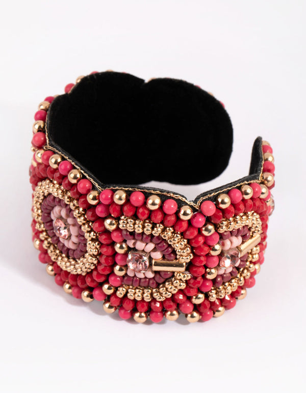 Gold and Red Beaded Scallop Cuff Bracelet