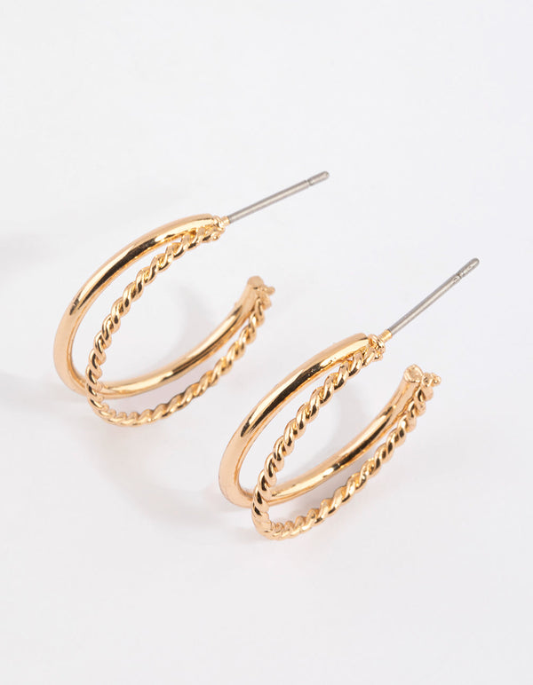 Gold Plain and Twisted Hoop Earrings