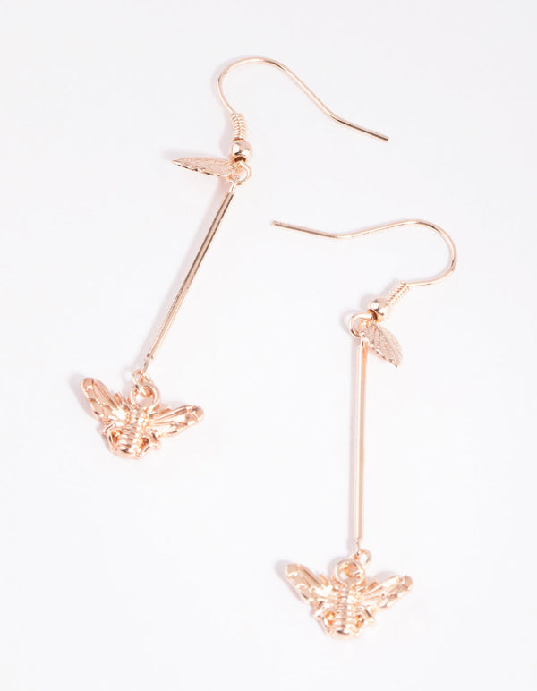 Rose Gold Leaf and Bee Drop Earrings