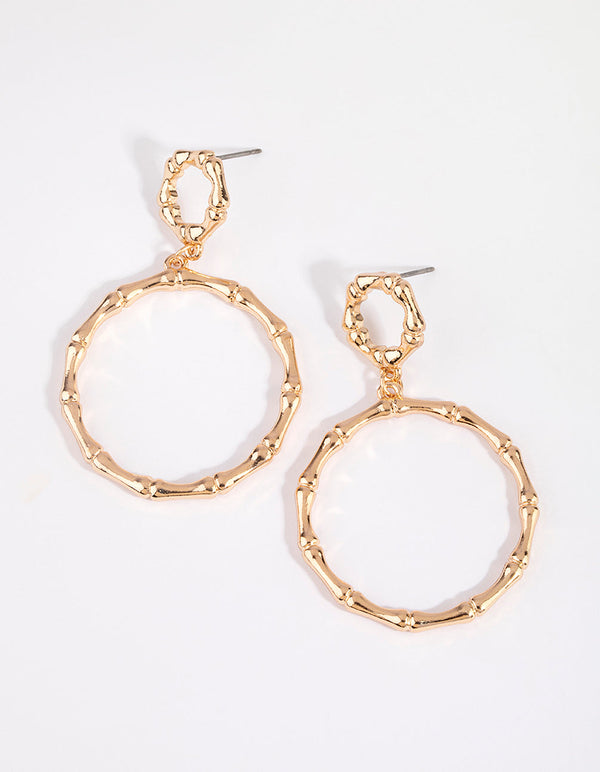 Gold Bamboo Textured Coin Drop Earrings