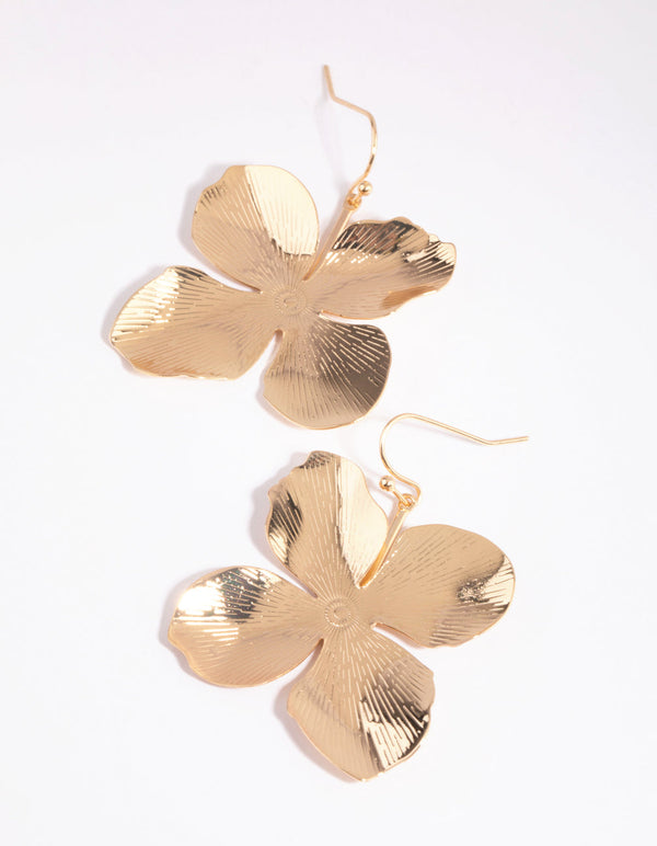 Gold Textured Flower Drop Earrings