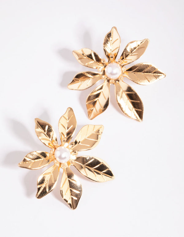 Gold Leaf Petal Flower Stud Earrings