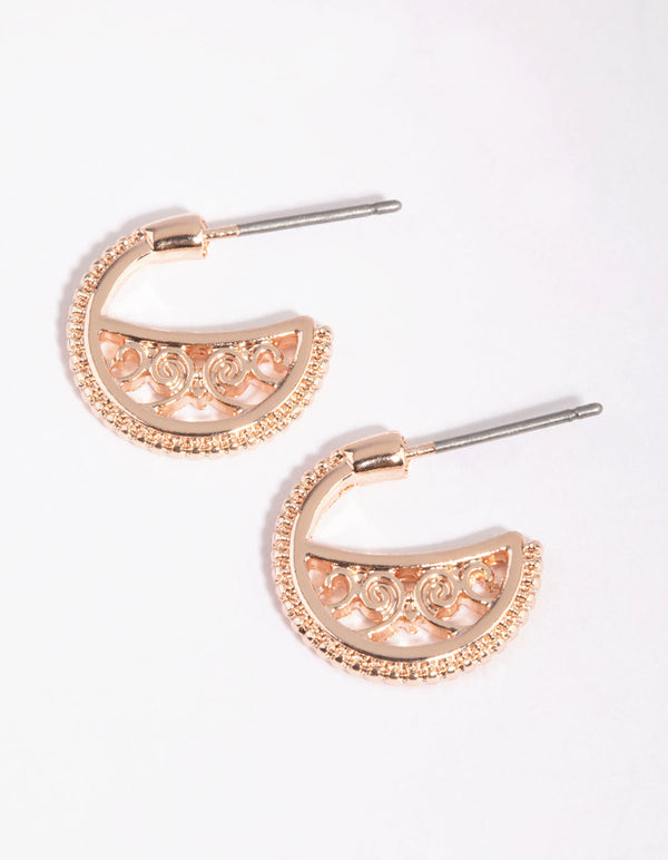 Rose Gold Filigree Open Huggie Earrings