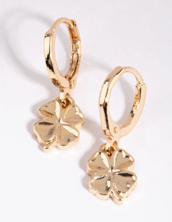 Gold Four Leaf Clover Huggie Hoop Earrings