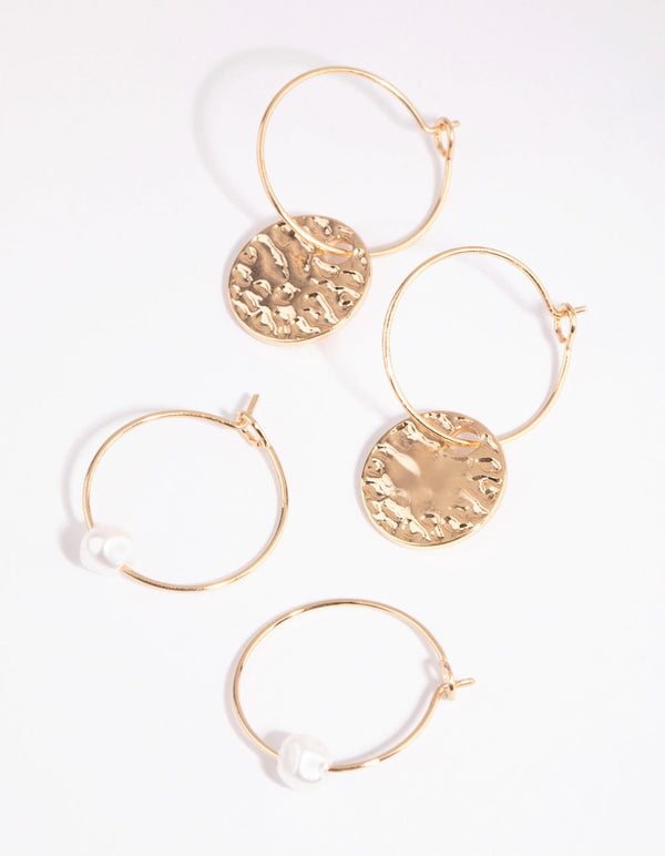 Gold Crater and Pearl Earring Set