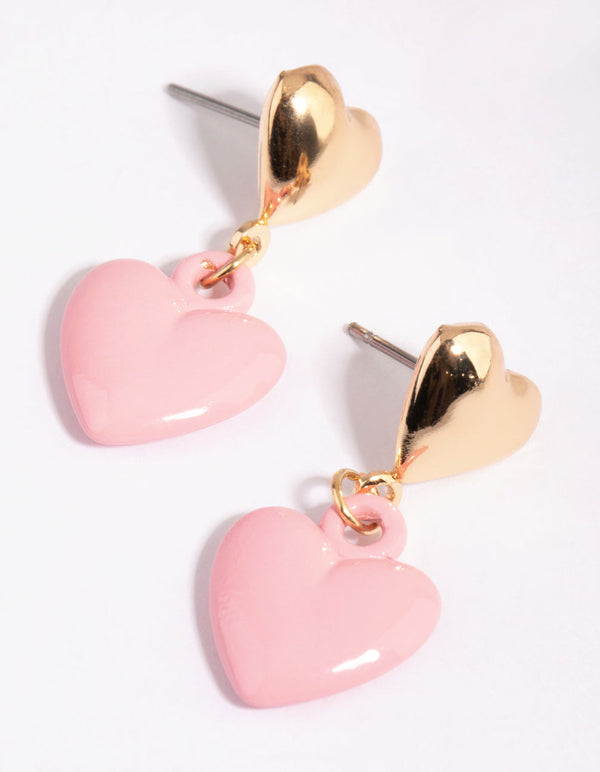 Gold and Pink Double Bubble Chubby Heart Earrings