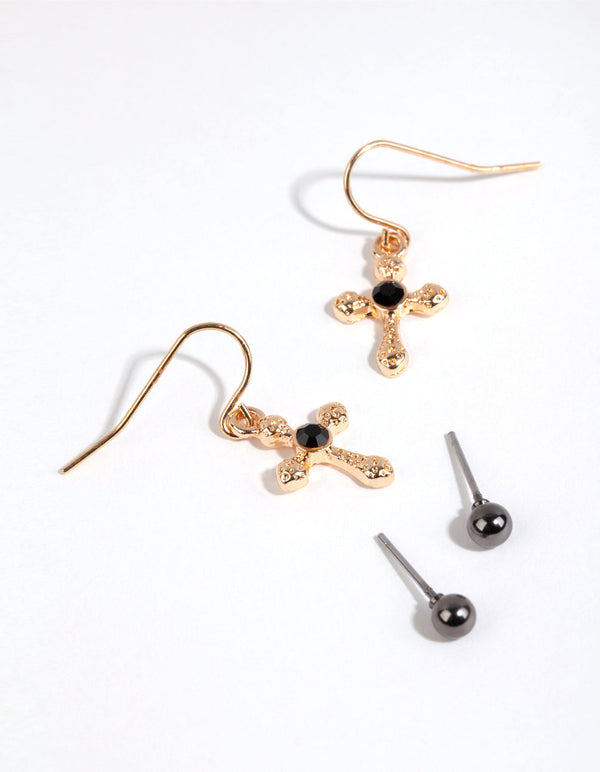 Black Ball and Cross Stud and Drop Earring Pack