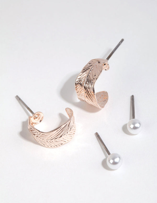 Rose Gold Pearl and Leaf Earring Pack