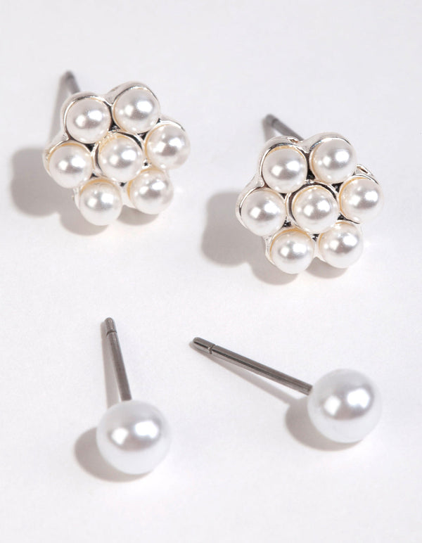 Silver Pearl Flower Stud Earring Pack