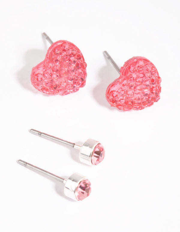 Pink Diamante Heart Earring Set