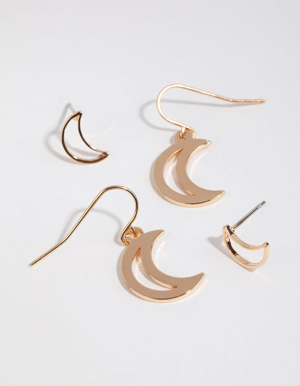 Gold Moon Stud and Drop Earring Pack