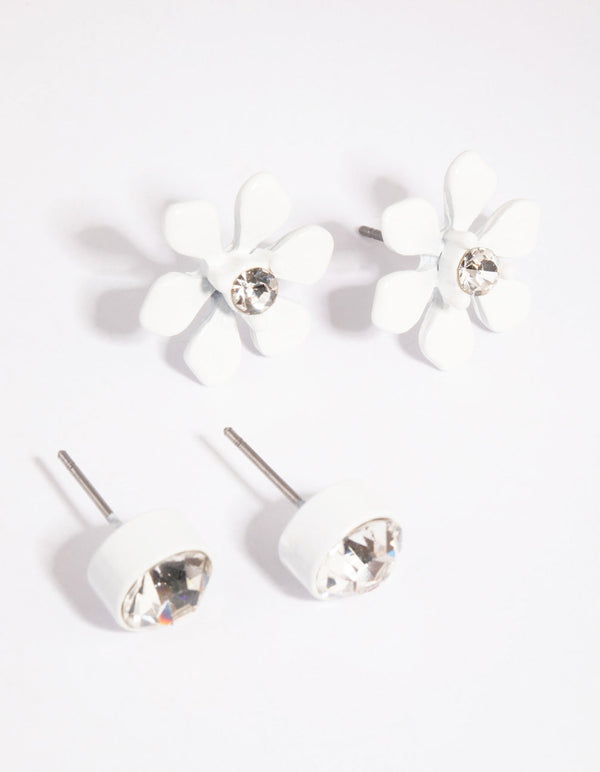 Matte White Diamante Stud and Flower Earring Set