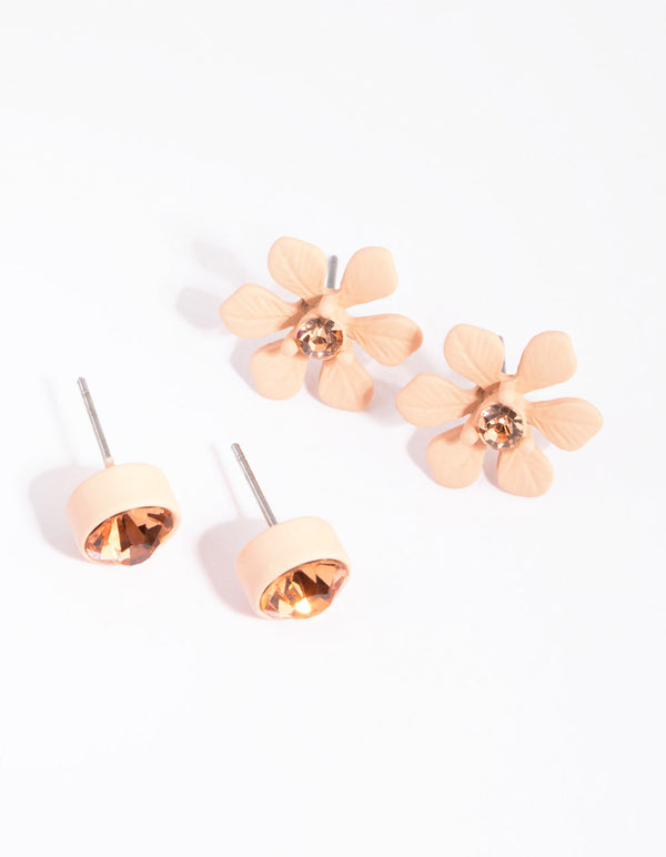Pink Diamante and Flower Stud Earring Set