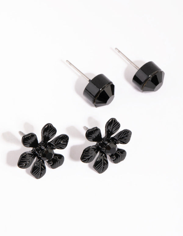 Black Diamante and Flower Stud Earring Set