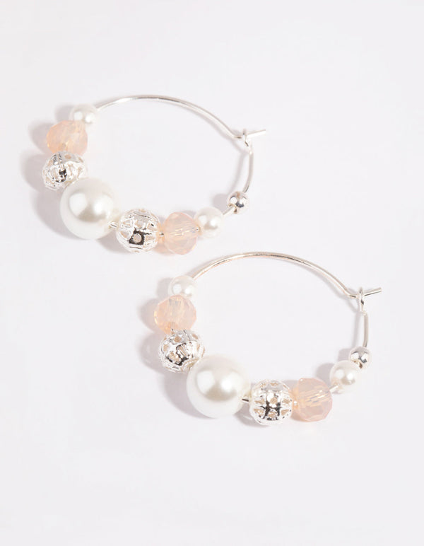 Silver Mixed Bead and Pearl Wire Hoop Earrings