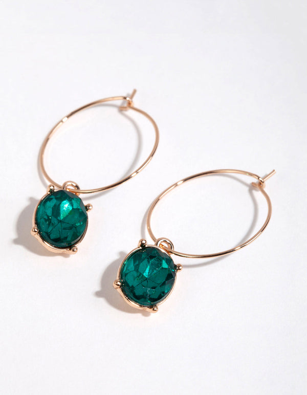 Green Round Diamante Thin Hoop Earrings