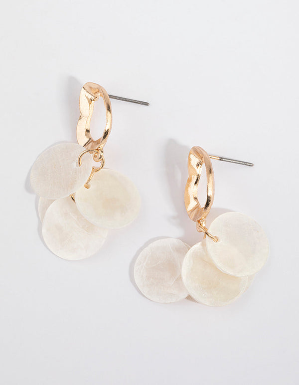 Gold Wave and Shell Coin Drop Earrings