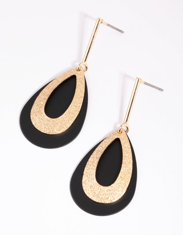 Gold Glitter and Matte Black Teardrop Earrings