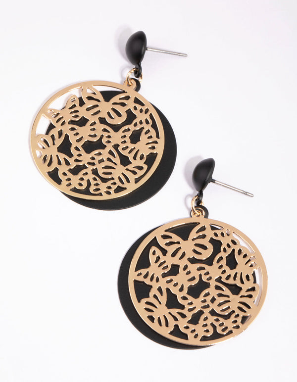 Gold Butterfly and Matte Black Disc Earrings