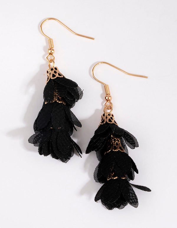 Black Fabric Flower Drop Earrings