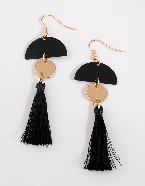 Black Dome Tassel Drop Earrings