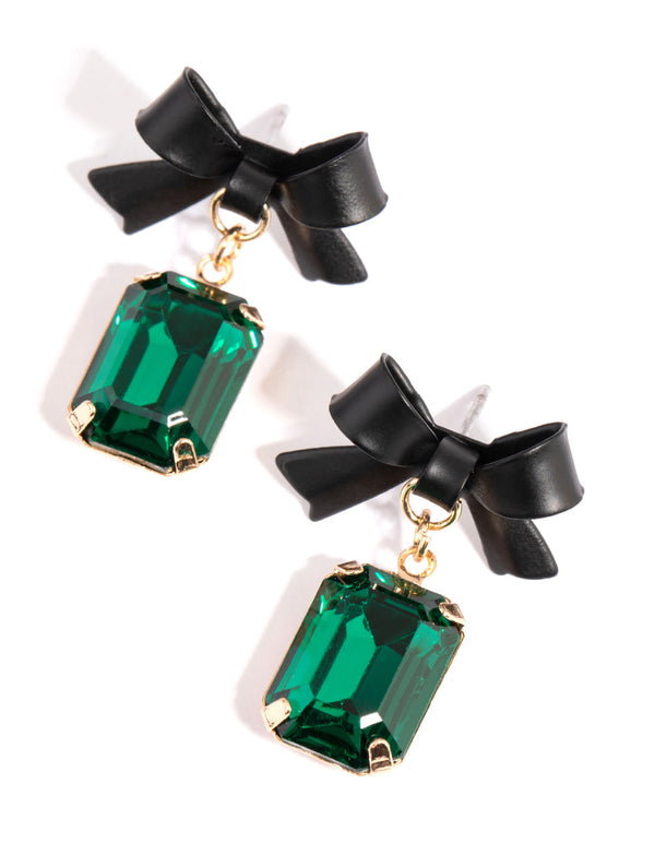 Gold Emerald Cut Matte Bow Earrings
