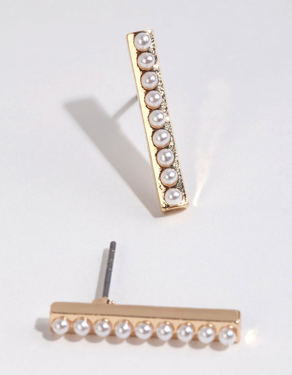 Gold Pearl Detailed Bar Stud Earrings