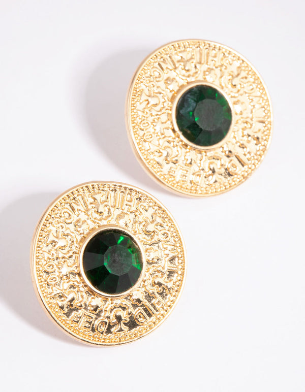 Gold Etched Coin Diamante Stud Earrings