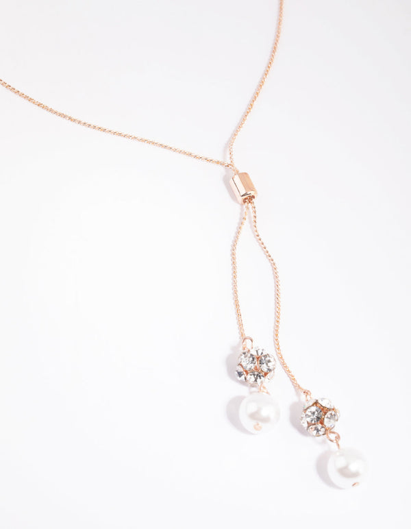 Rose Gold Diamante and Pearl Lariat Necklace