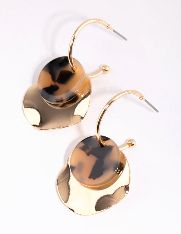 Gold Crinkle and Tortoiseshell Disc Hoop Earrings