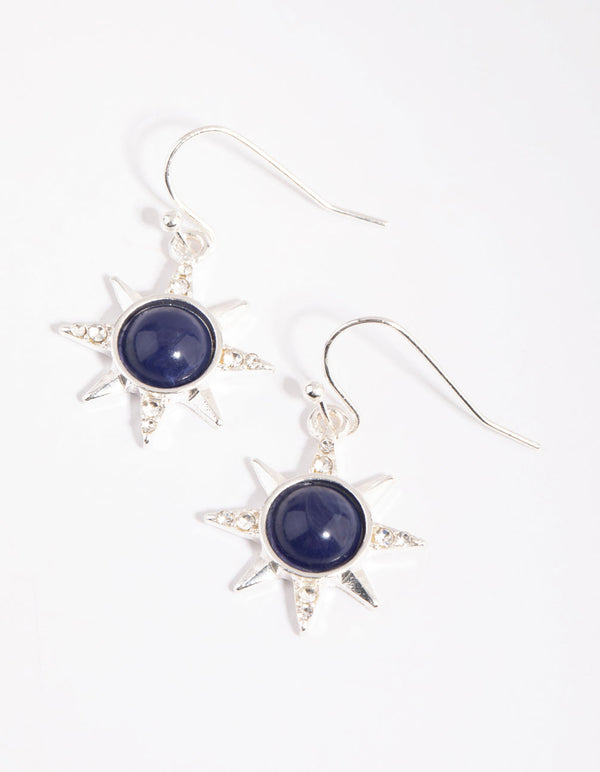 Navy Bead Silver Star Drop Earrings
