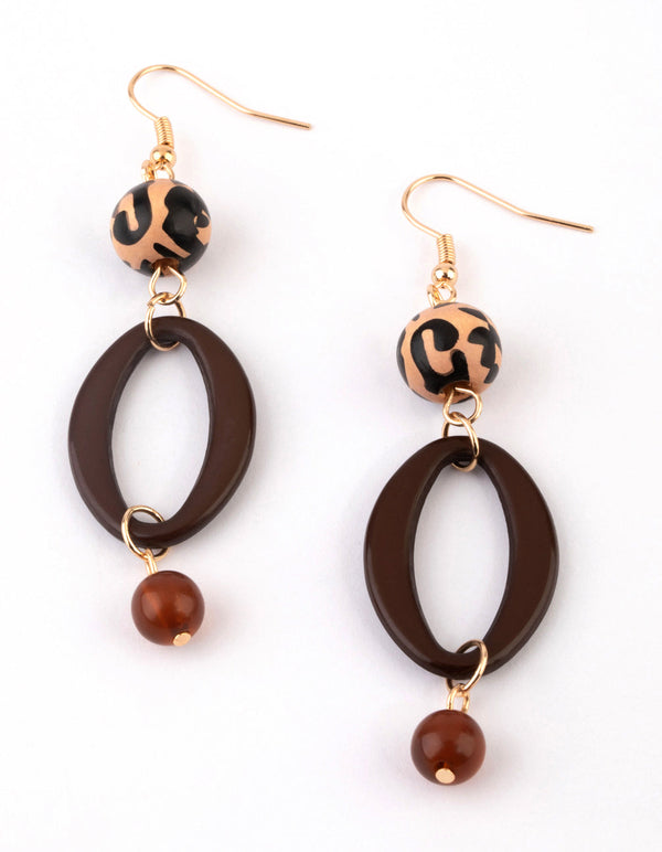 Gold and Brown Printed Bead Earrings