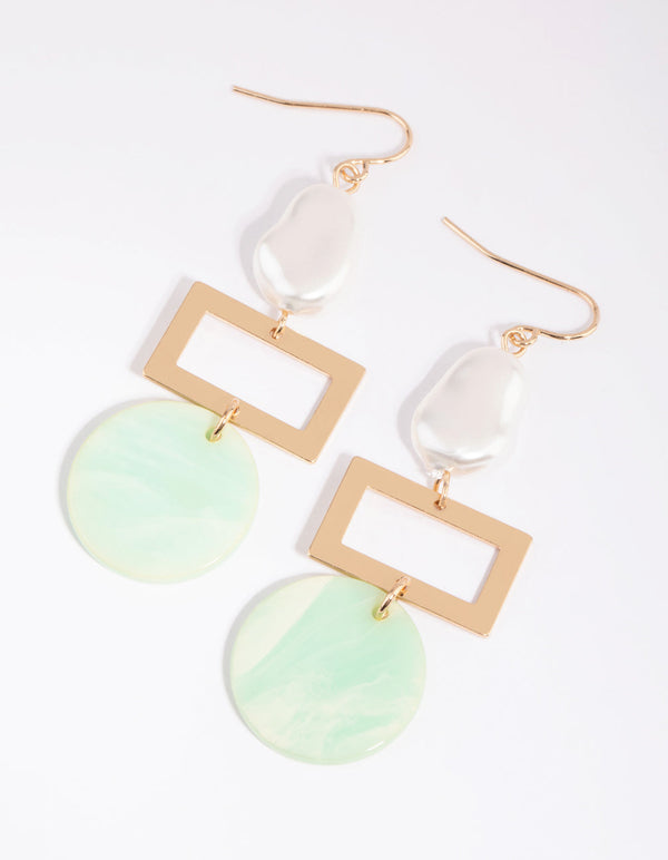 Gold Pearl and Mint Bead Drop Earrings