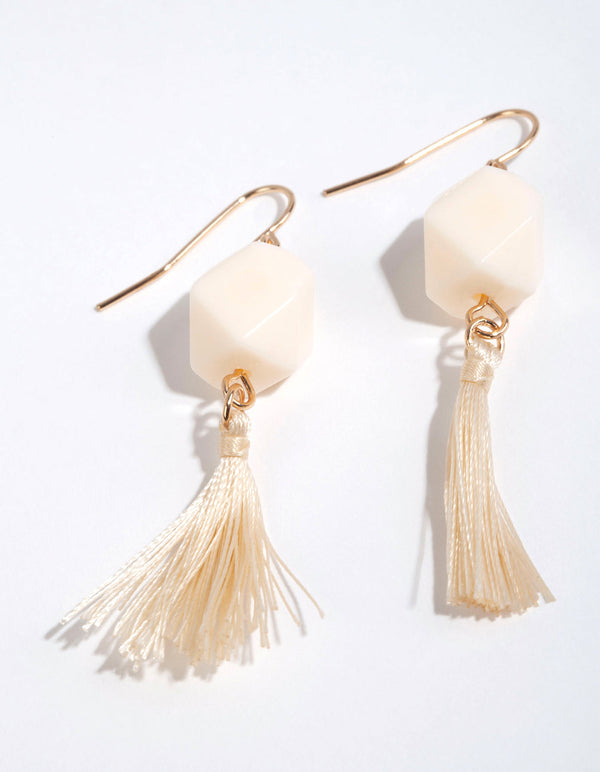 Cream Facet Cube Bead and Tassel Earrings