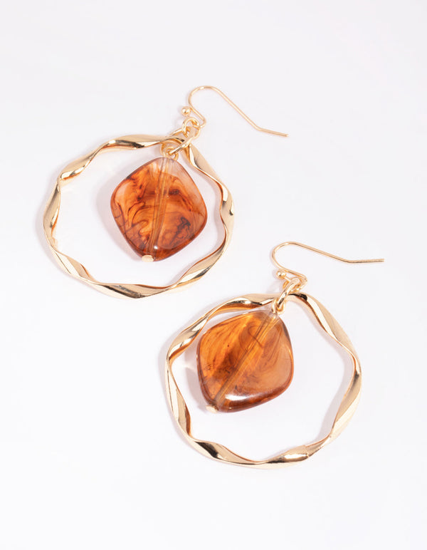 Gold Open Disc and Brown Bead Earrings