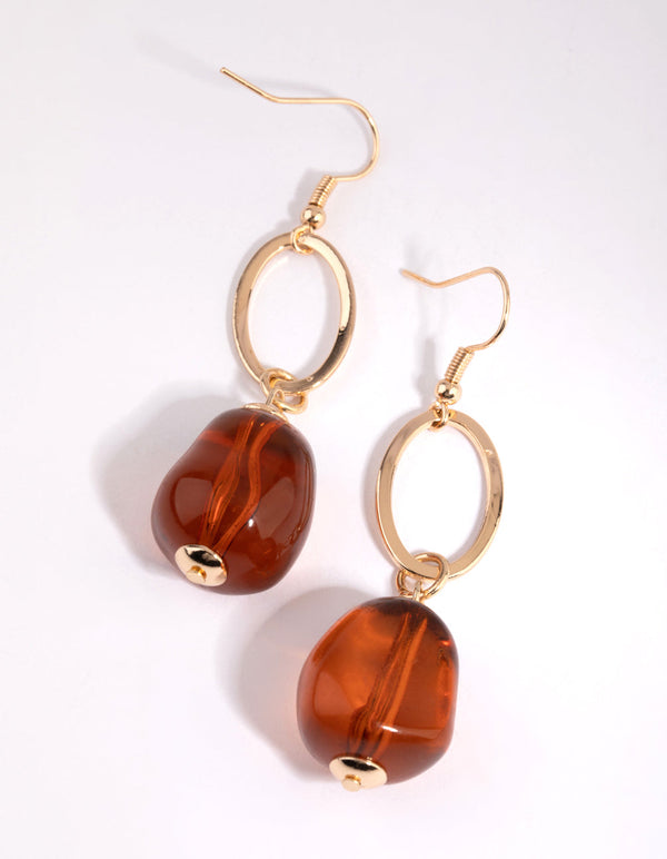 Gold Open Oval Brown Bead Earrings