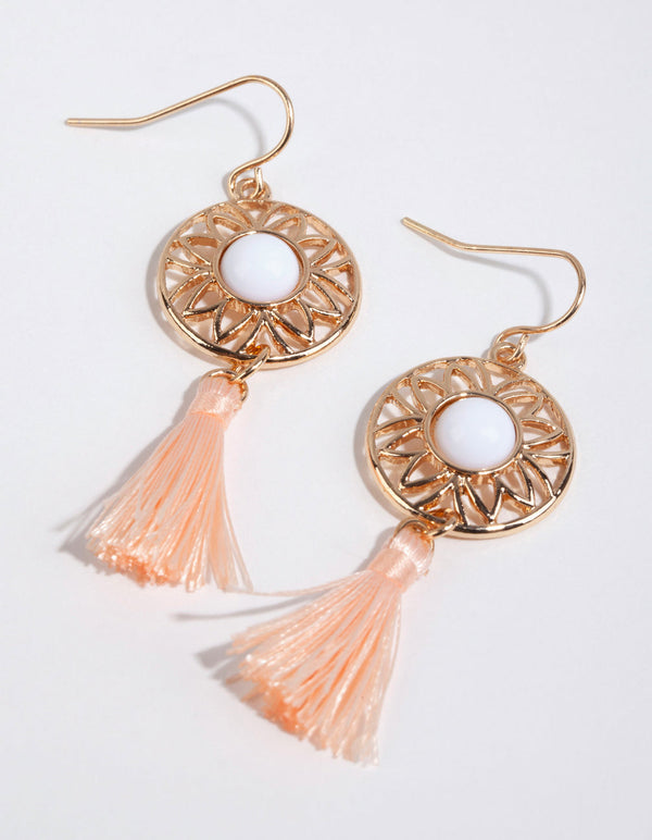 Gold Sun Disc Drop Tassel Earrings