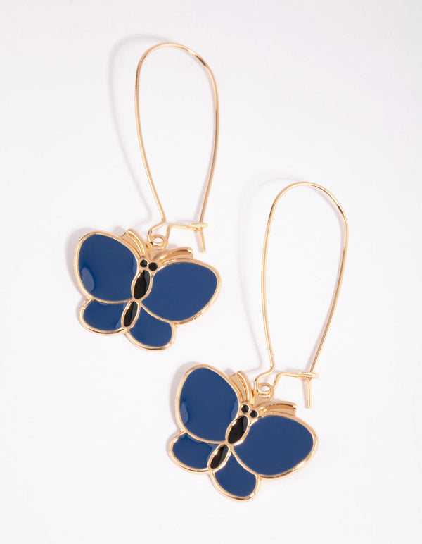 Gold and Navy Butterfly Fishhook Earrings