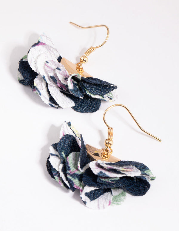 Gold Fabric Flower Bunch Earrings